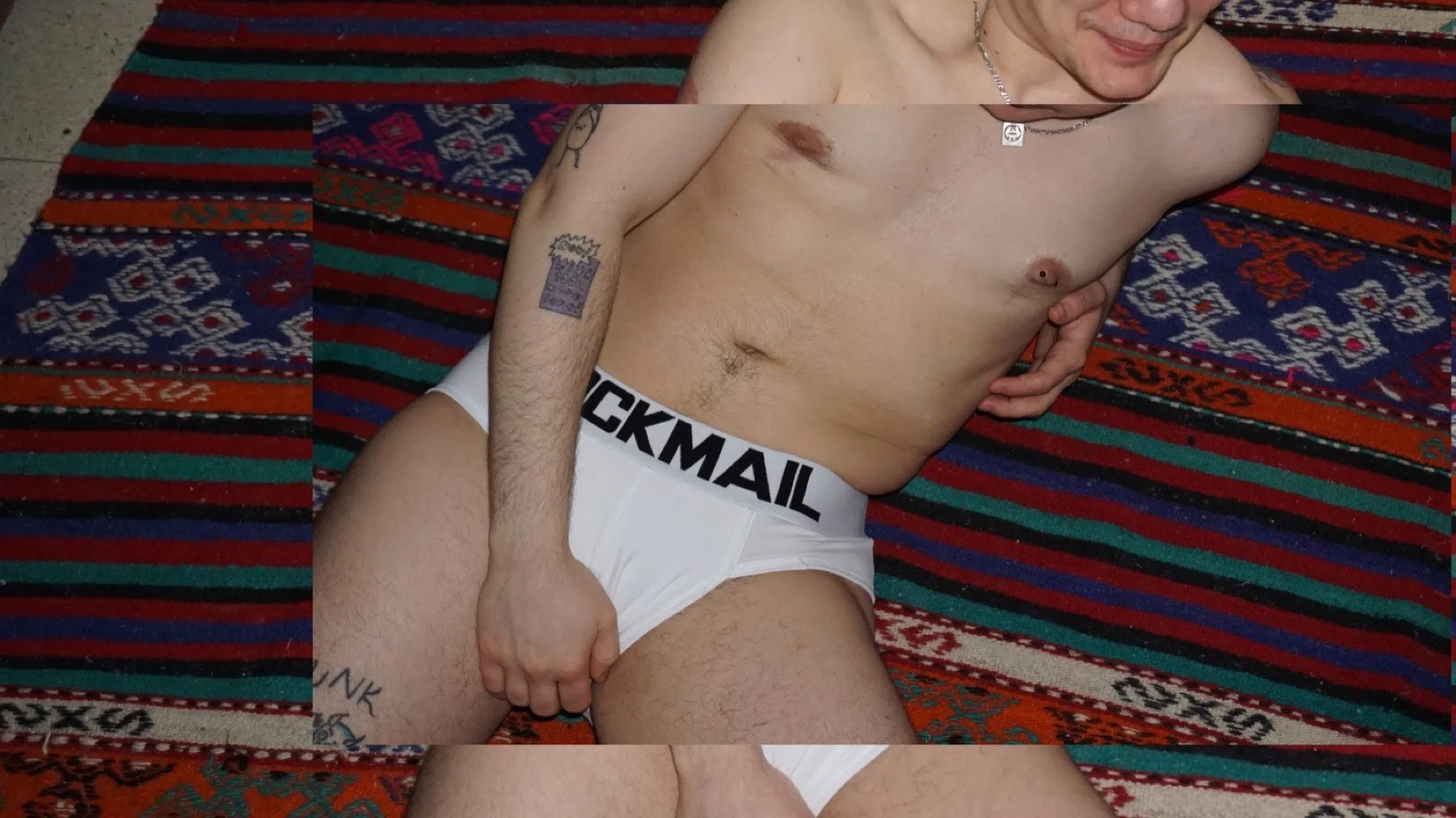 Collage: person in white underwear lying on a kilim
