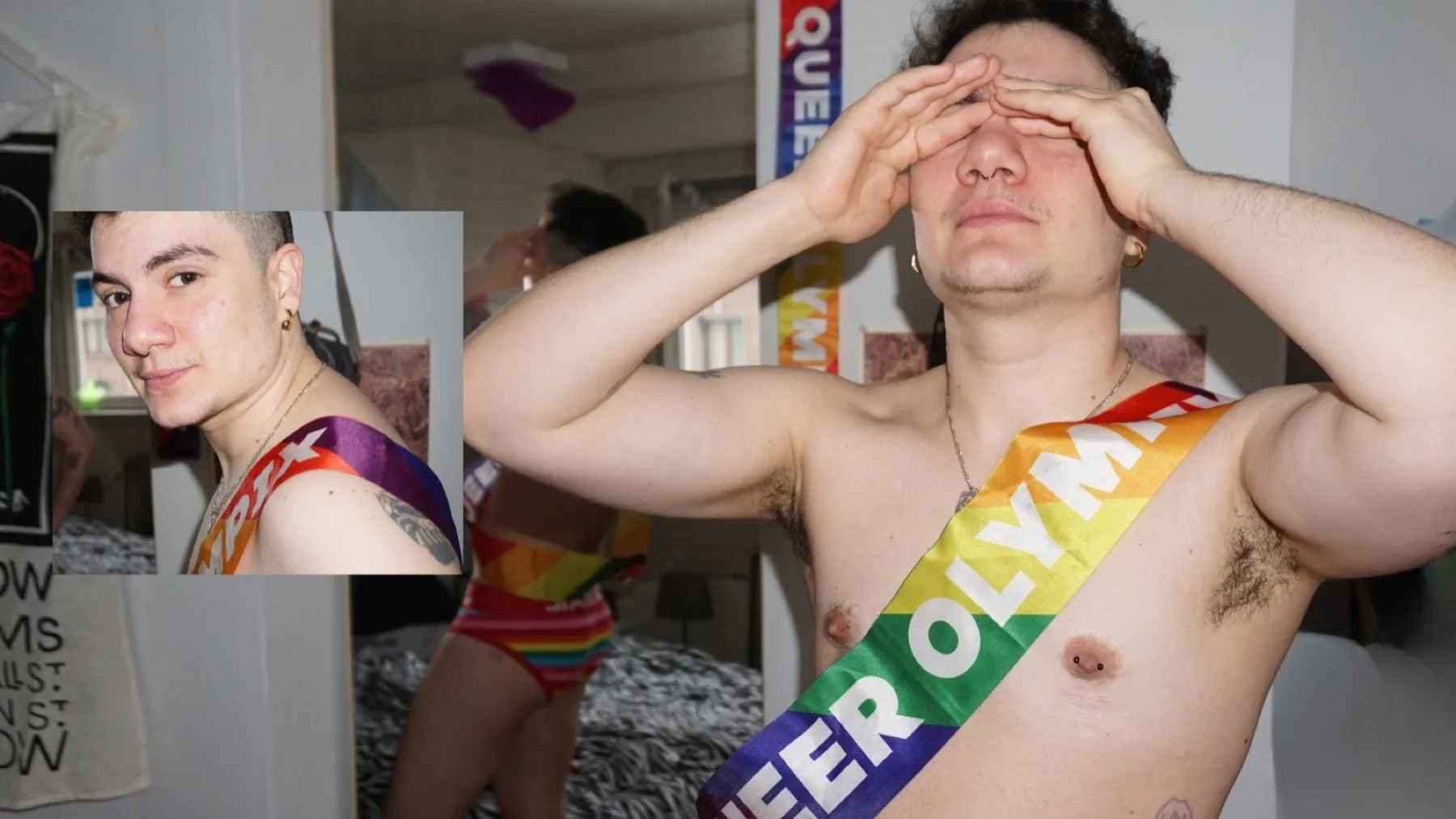 Collage: shirtless man with a rainbow sash covering his eyes