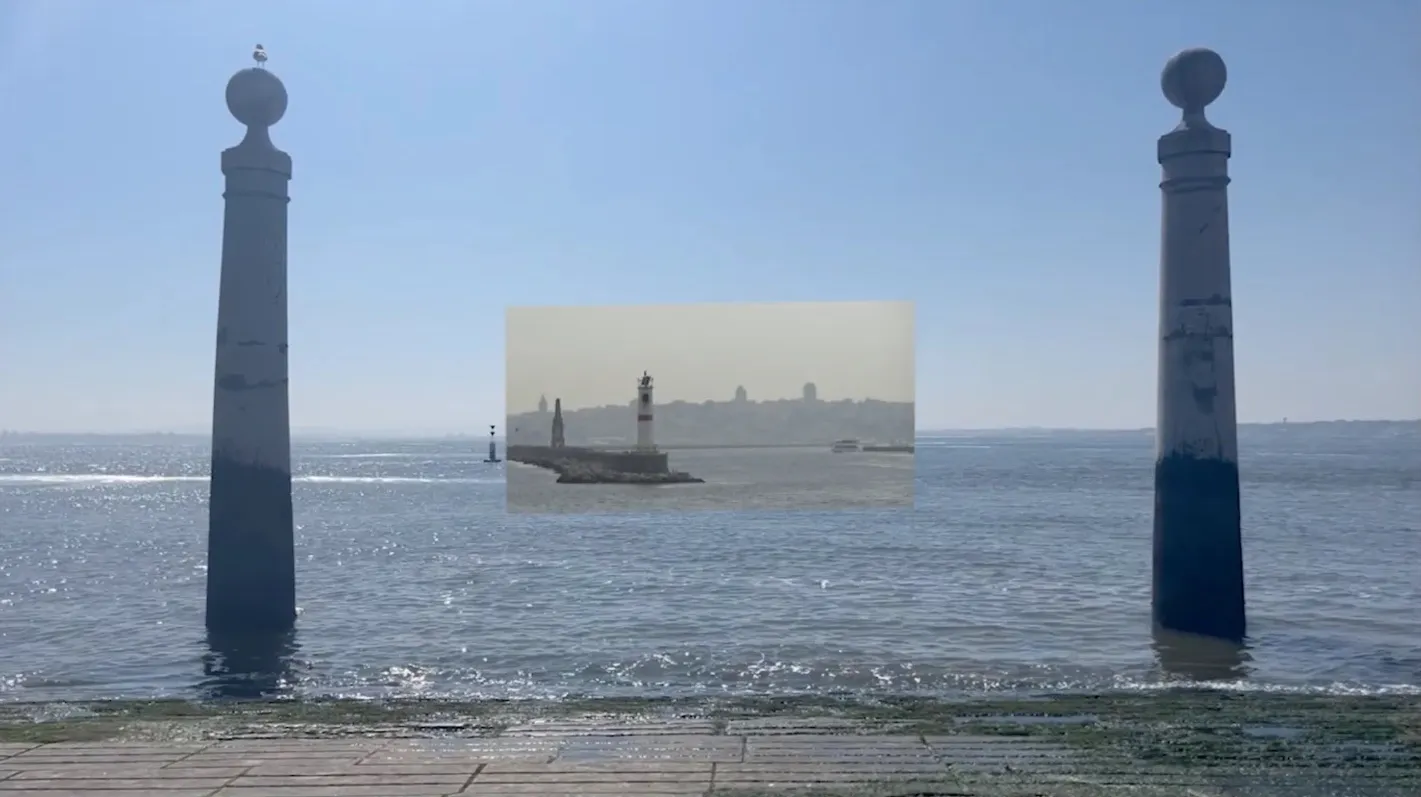 Two stone columns in the river at Lisbon, with a smaller image of Istanbul set between them