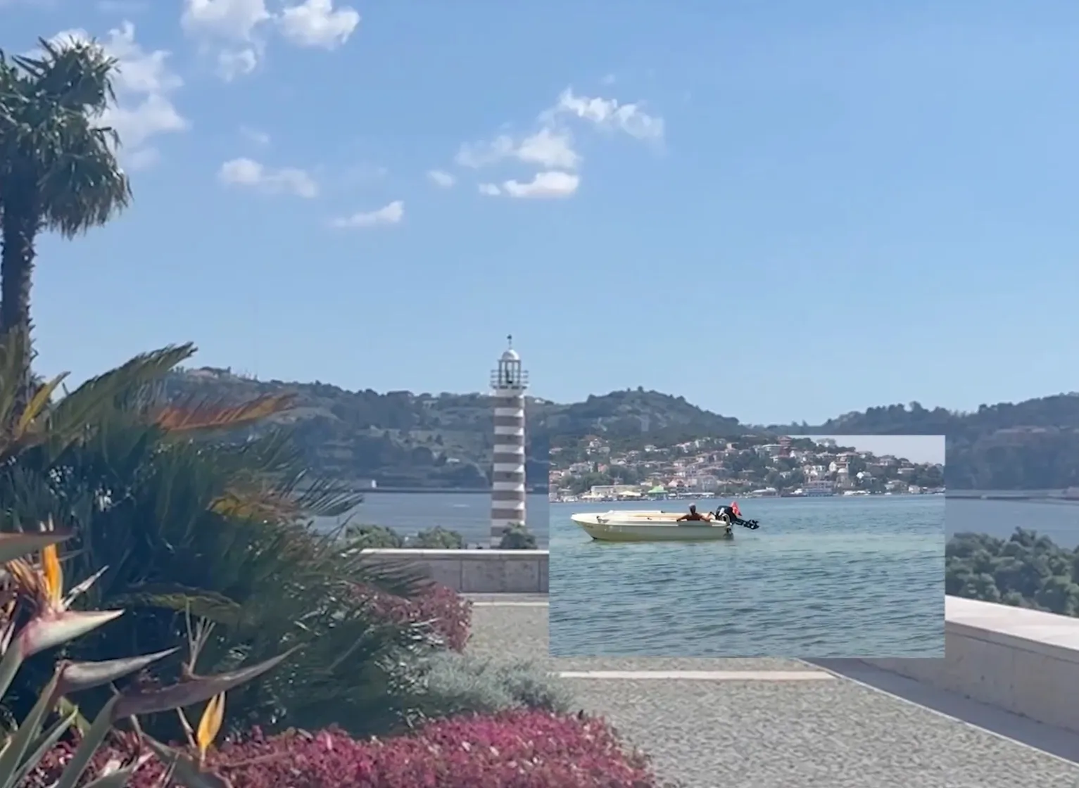 Striped lighthouse and palm trees by the water, with a smaller image of a boat at sea