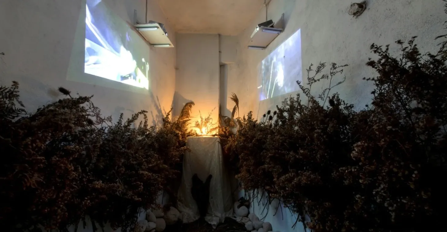 Installation view of Rahm'e: a narrow room lined with dried plants, a candle-lit altar and two video projections