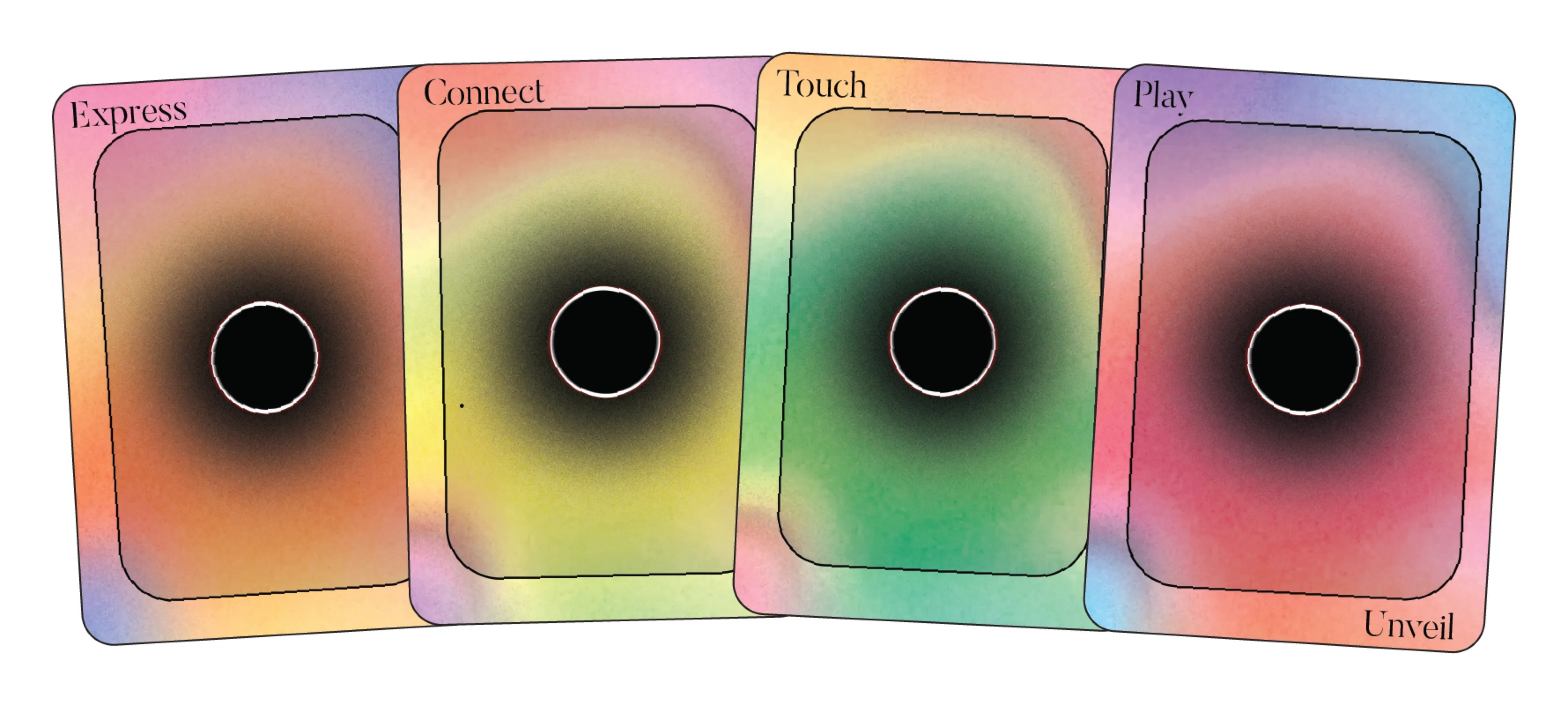 Four Unveil cards for the stages Express, Connect, Touch and Play